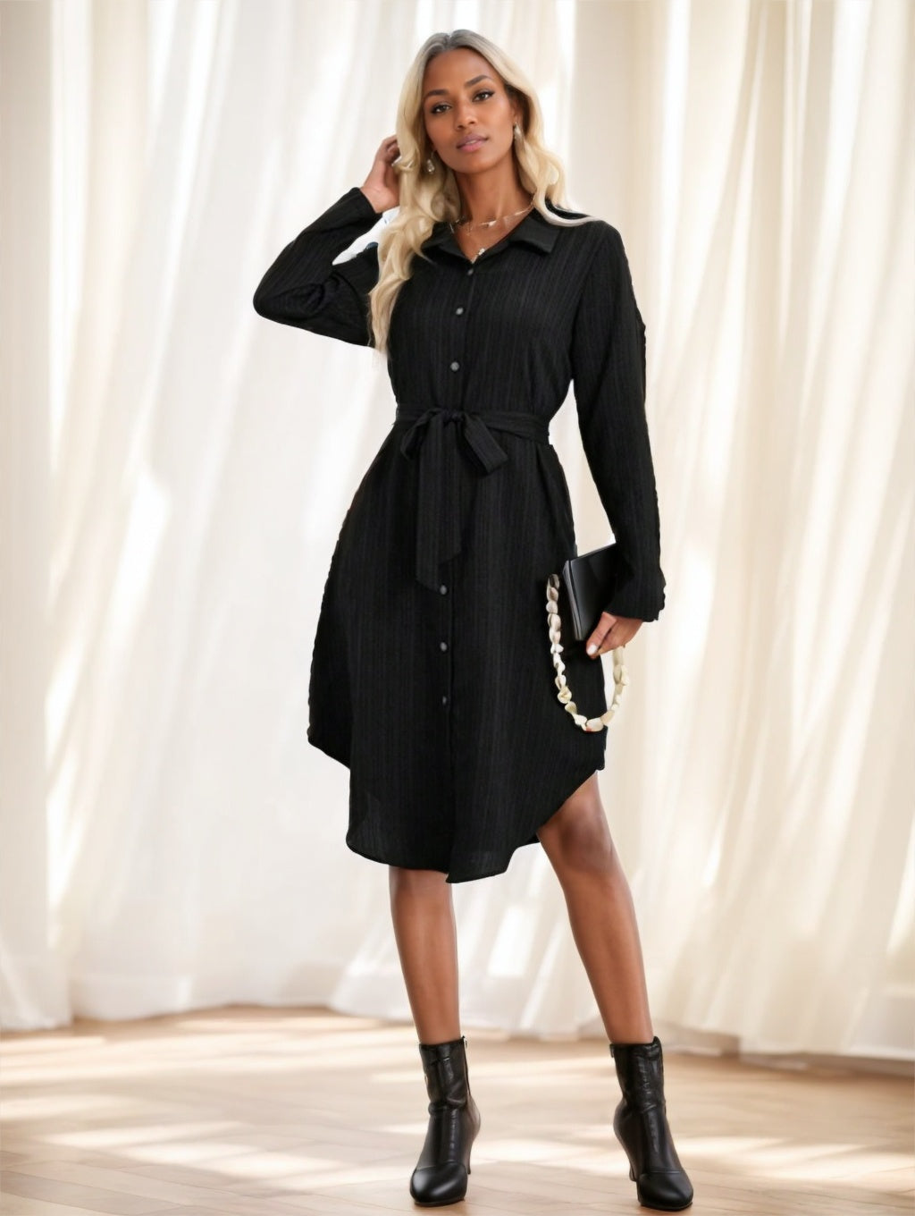Robe chemise mi-longue à manches longues