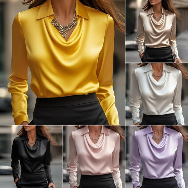 Chemise col évasé manches longues en satin