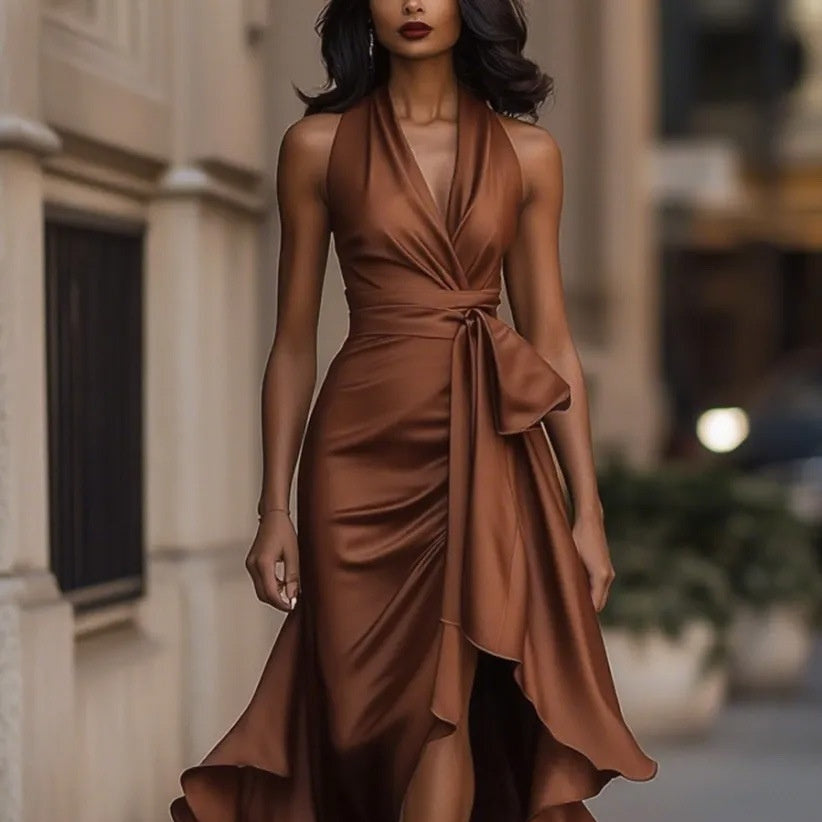 Robe courte glamour décolleté avec jupe volants fendue