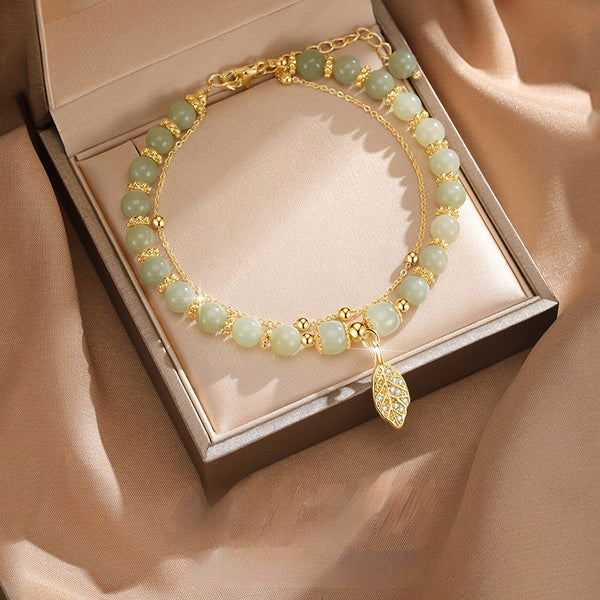 Bracelet perles et pendentif feuille style chinois