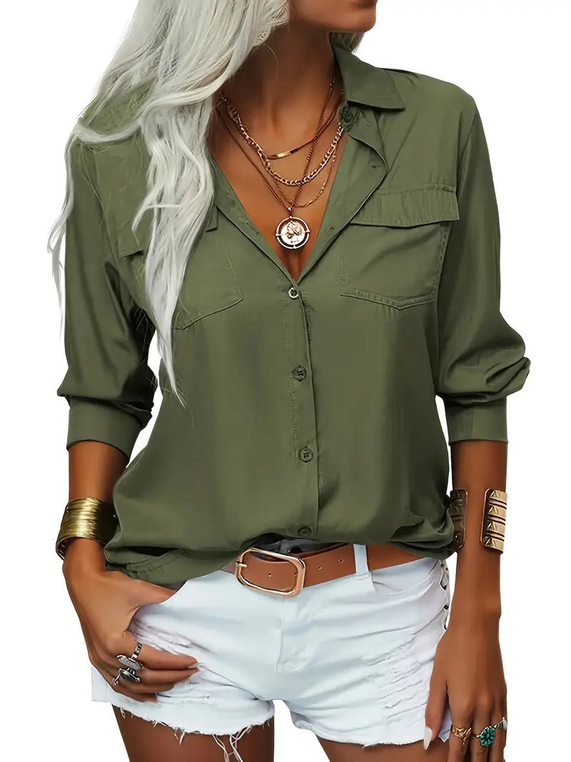 Chemise col V manches longues en mousseline de soie
