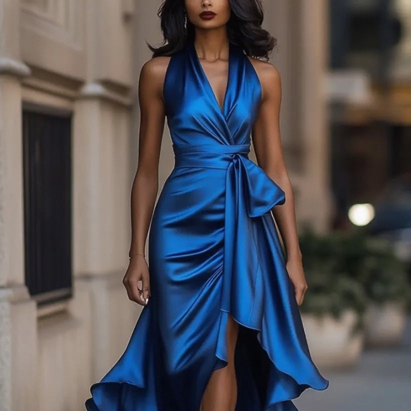 Robe courte glamour décolleté avec jupe volants fendue