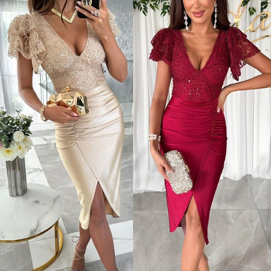 Robe courte fendue décolleté manches courtes de soirée - Chic&Shines