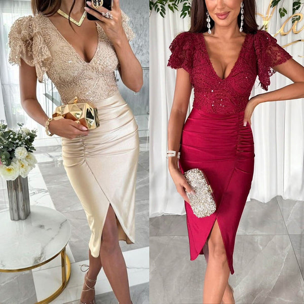 Robe courte fendue décolleté manches courtes de soirée - Chic&Shines