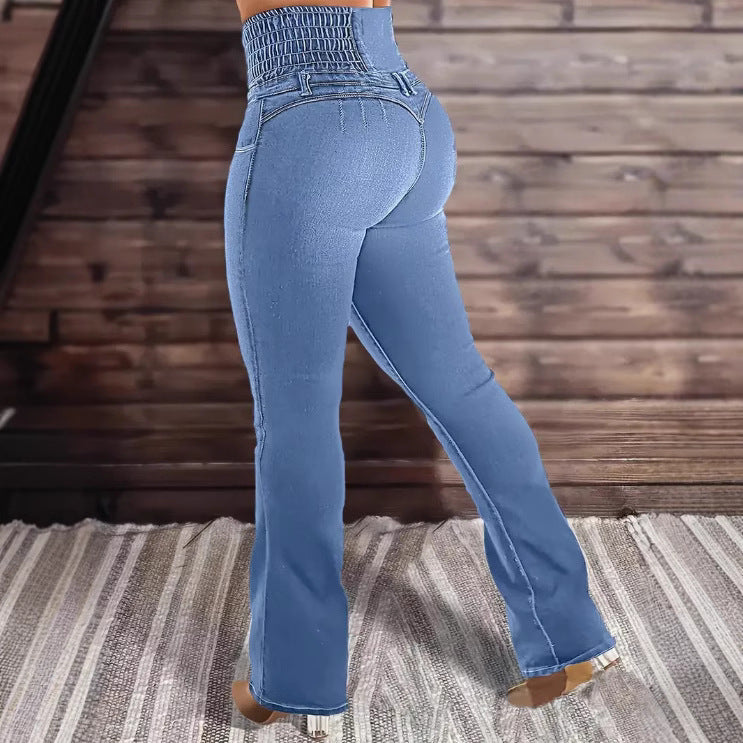 Jean taille haute à boutons extensible