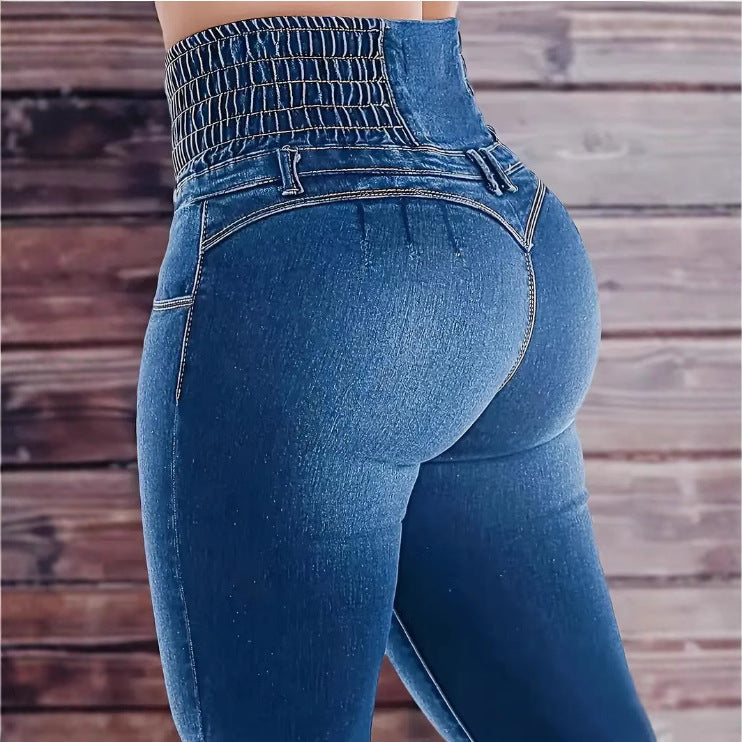 Jean taille haute à boutons extensible