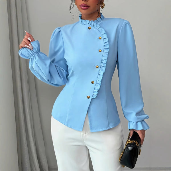 Chemisier élégant à manches longues et col boutonné asymétrique