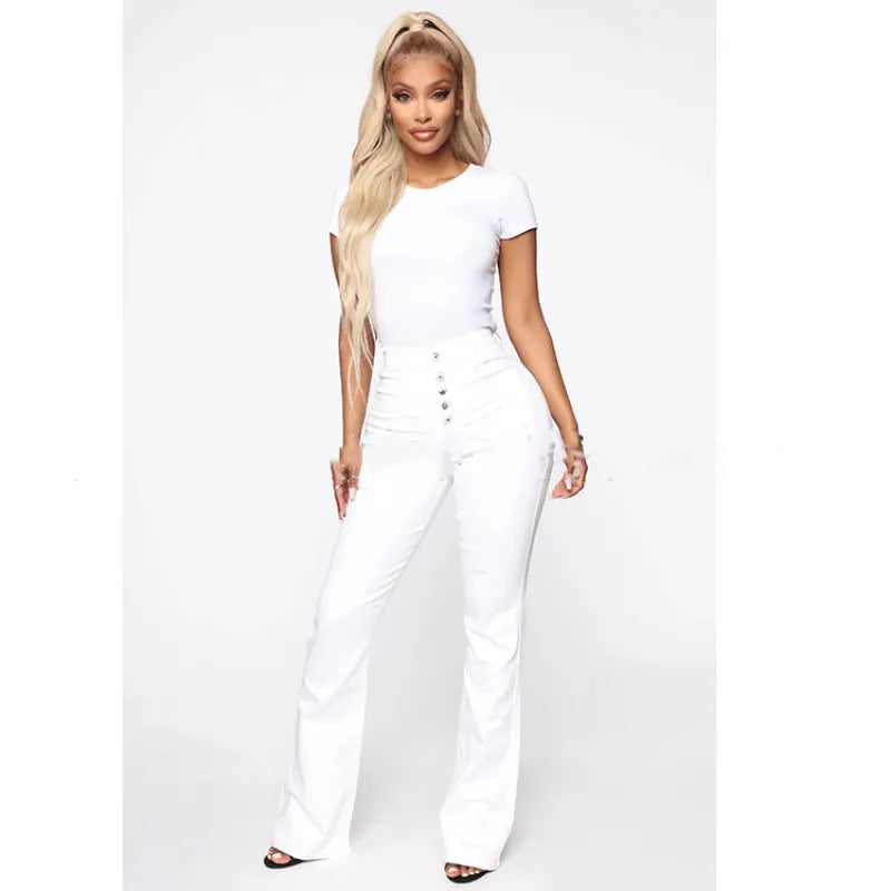Jeans slim taille haute à bouton et bas évasé
