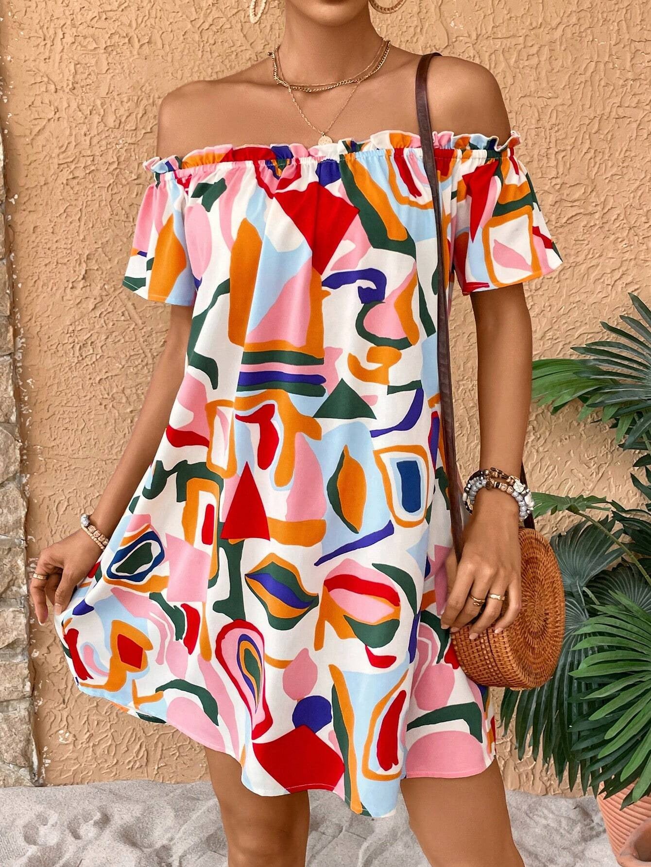 Robe courte bustier imprimé tropical
