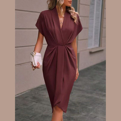 Robe mi-longue plissée col V manches courtes - Chic&Shines