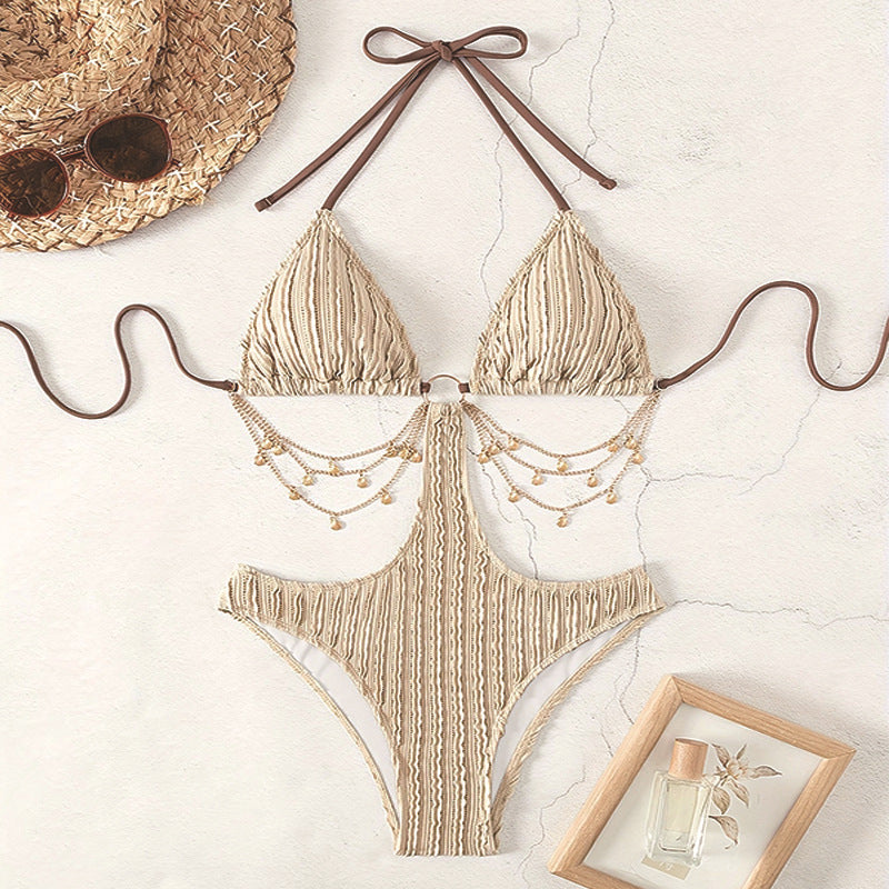 Maillot de bain une pièce licou dos nu à chaine - Chic&Shines