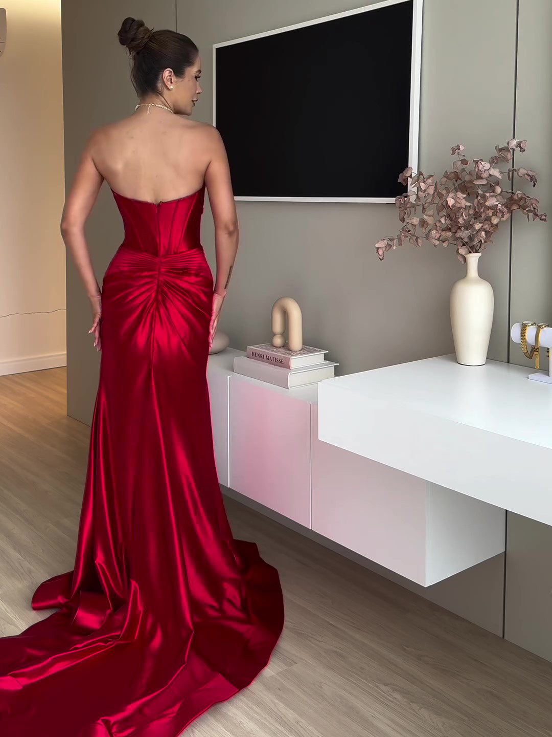 Robe de soirée extra longue rouge fendue haut tube