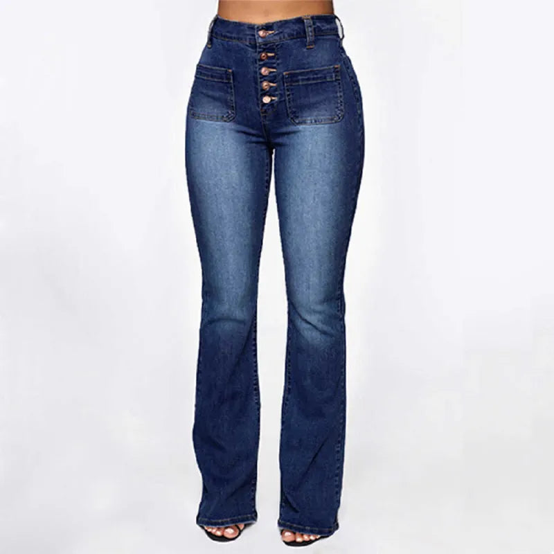 Jeans slim taille haute à bouton et bas évasé