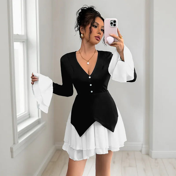 Vestido camisero bicolor de manga larga y escote pronunciado