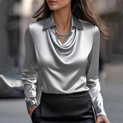 Chemise col évasé manches longues en satin - Chic&Shines