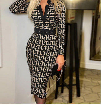 Robe longue col V à manches longues