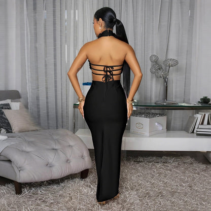 Robe longue de soirée licou dos nu déco fleurs sexy - Chic&Shines