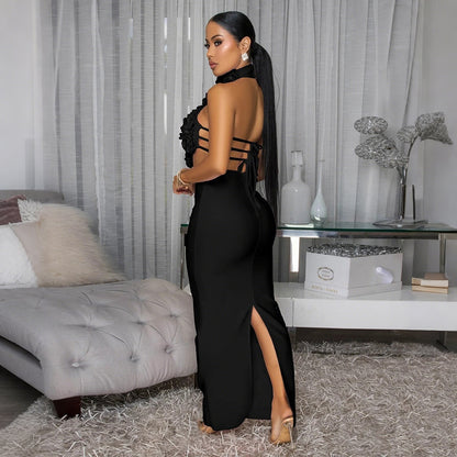 Robe longue de soirée licou dos nu déco fleurs sexy - Chic&Shines