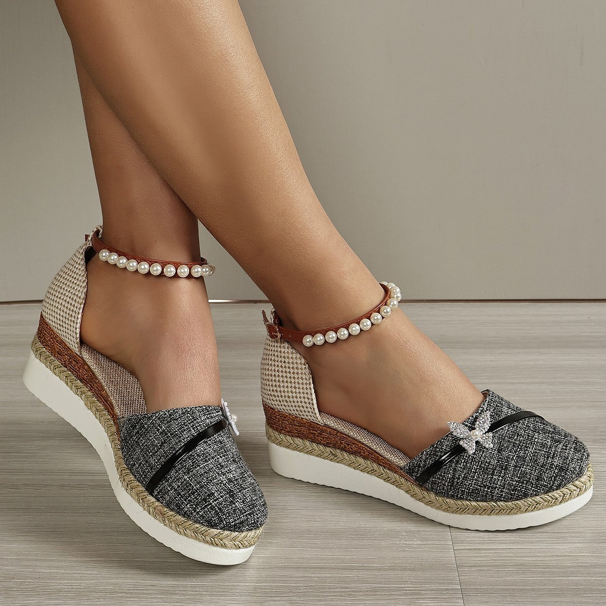 Chaussure compensée à nœud en corde de paille tressée
