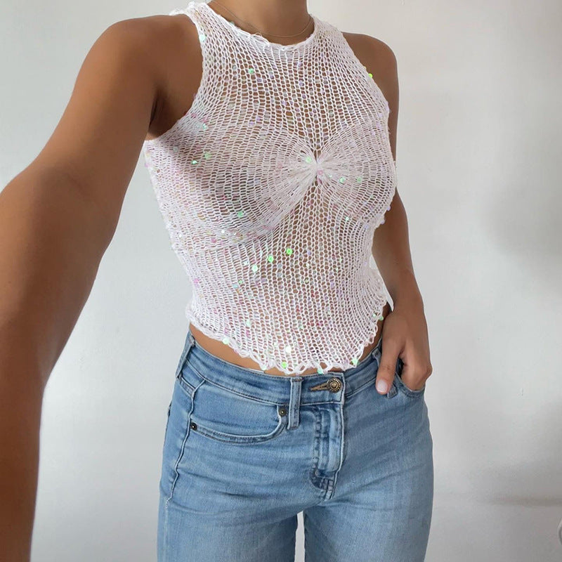 Haut court sans manches en maille transparent