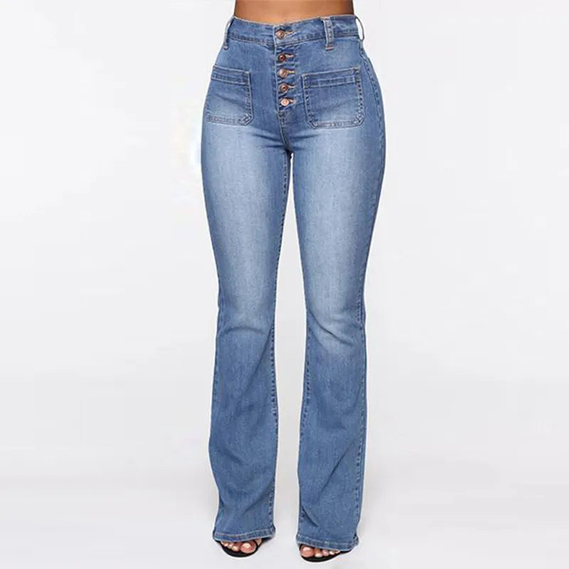 Jeans slim taille haute à bouton et bas évasé - Chic&Shines