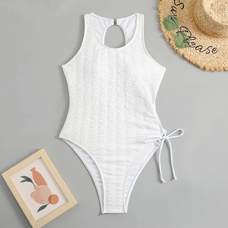 Irregular Lace Up Back Halter One Piece Swimsuit