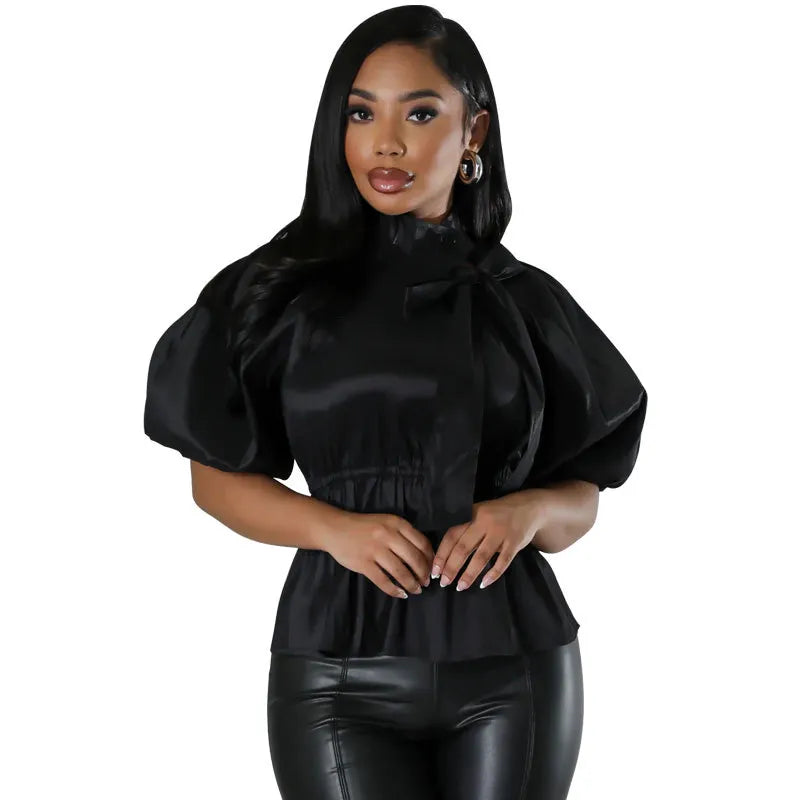 Chemisier à manches courtes et col montant à lacets - Chic&Shines