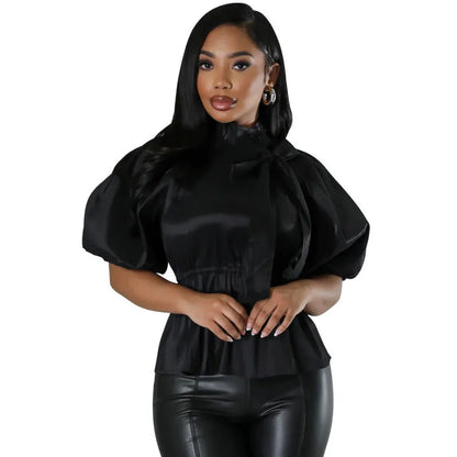 Chemisier à manches courtes et col montant à lacets - Chic&Shines