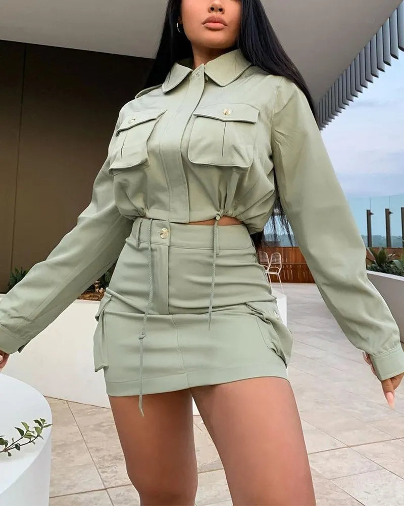 Ensemble chemise cargo manches longues et mini-jupe - Chic&Shines