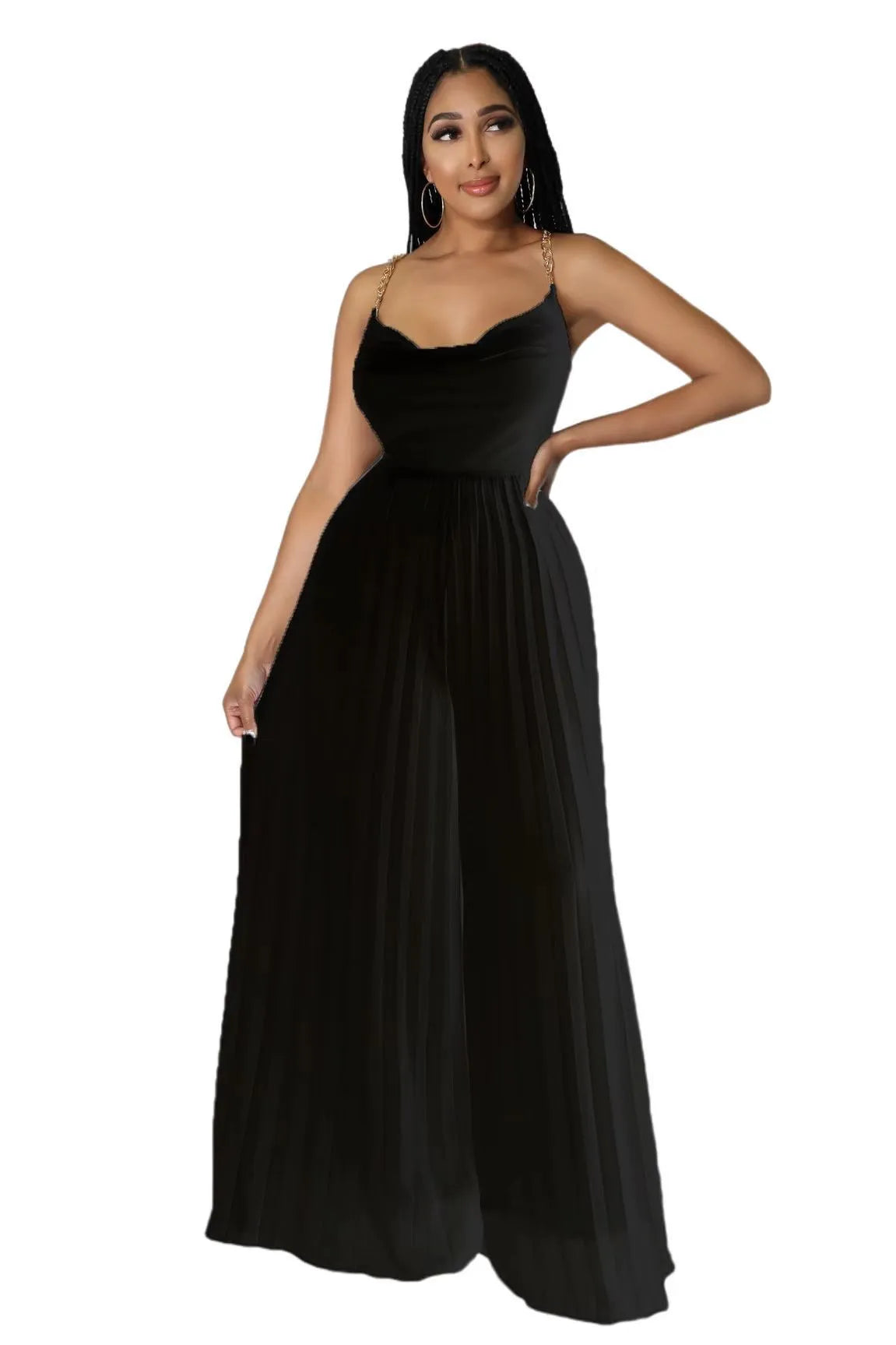 Chain strap backless pleated wide leg jumpsuit