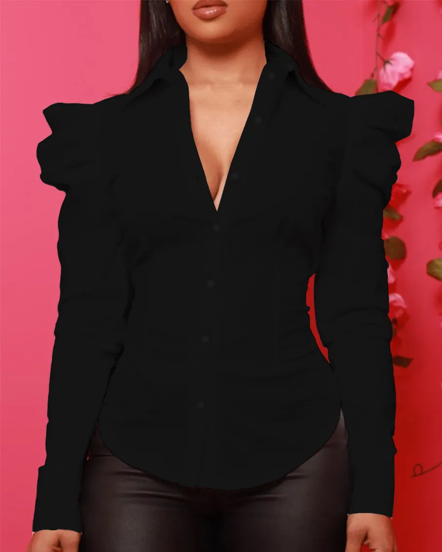 Chemisier à manches longues plissé à revers - Chic&Shines