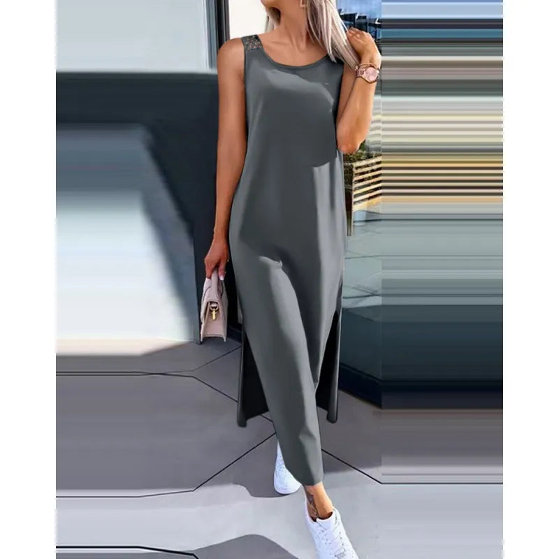 Robe longue fendue sans manche en dentelle - Chic&Shines