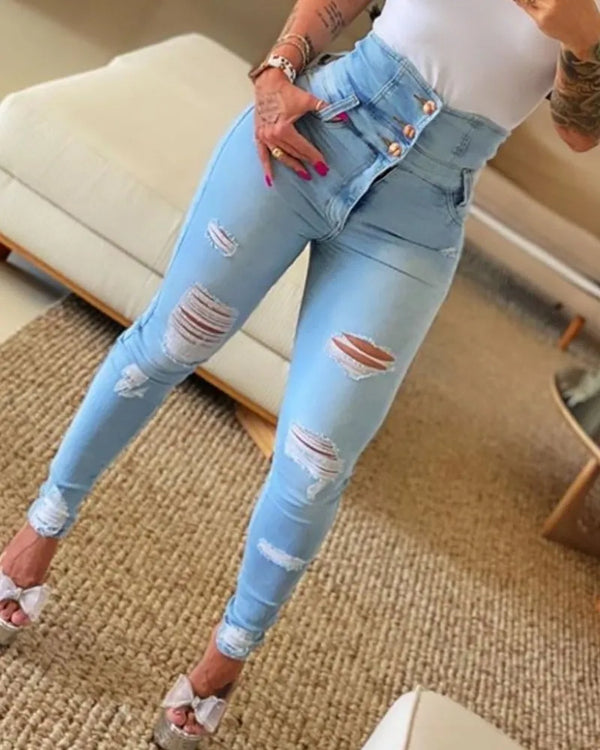 Jeans Déchirés Skinny Taille Haute
