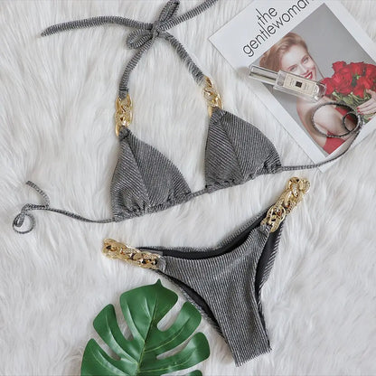 Maillot De Bain Bikini Couture En Chaîne En Strass - Chic&Shines
