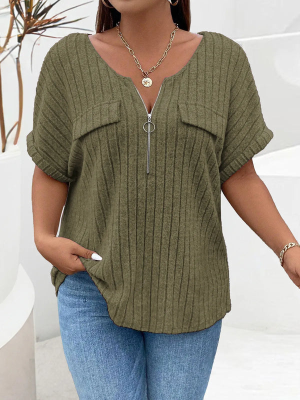 Loose-fitting short-sleeved zip-up sweater T-shirt