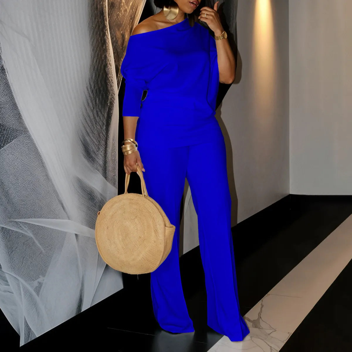 Ensemble haut épaules obliques et pantalon ample - Chic&Shines