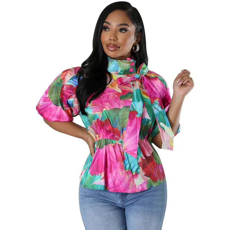 Chemisier à manches courtes et col montant à lacets - Chic&Shines