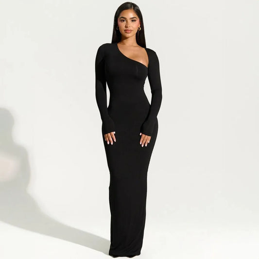 Robe longue moulante manches longues col incliné - Chic&Shines