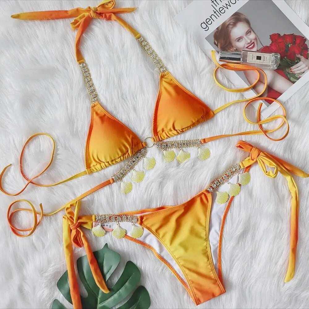 Bikini à bretelles et à franges dégradé