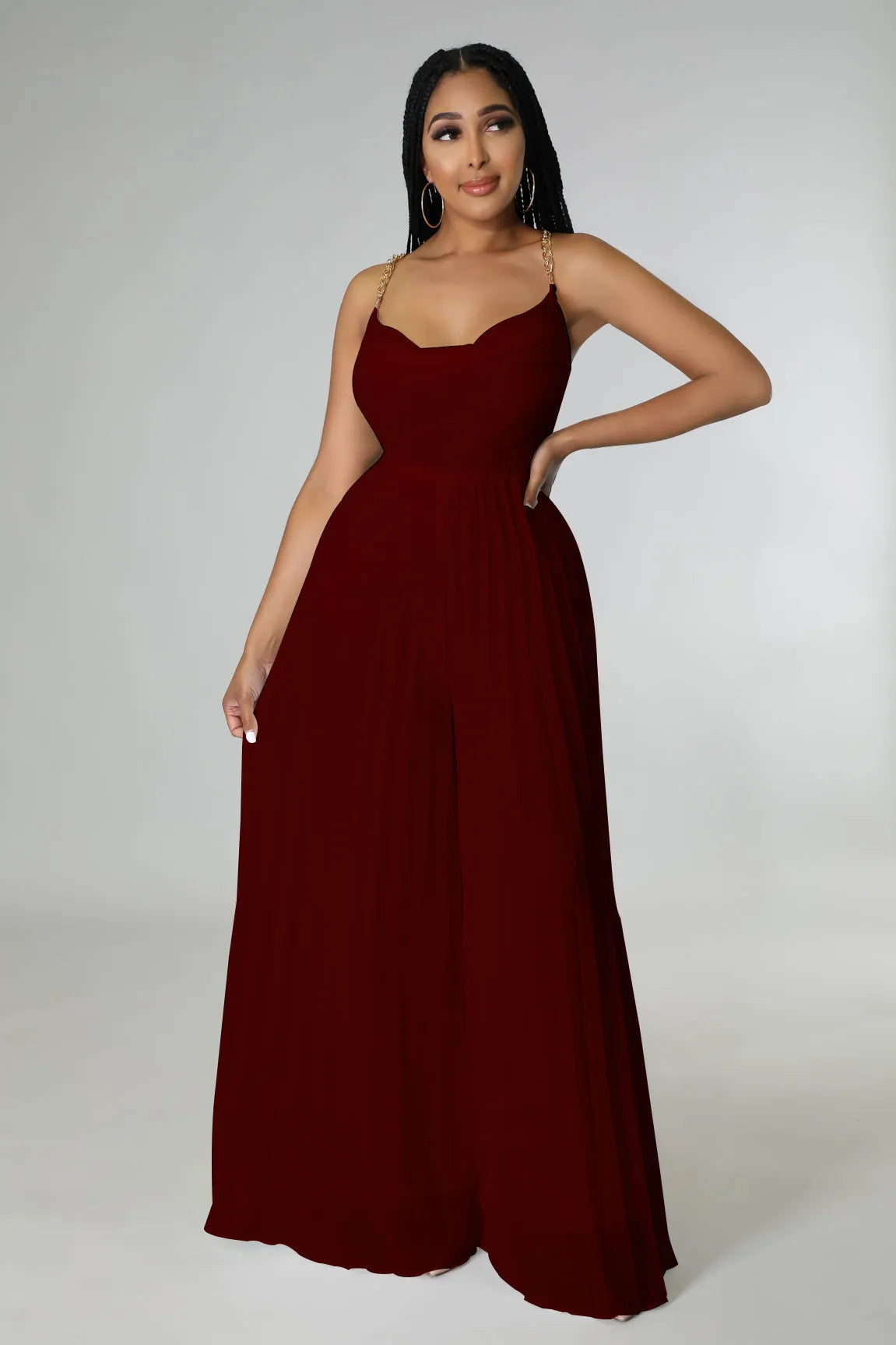 Chain strap backless pleated wide leg jumpsuit