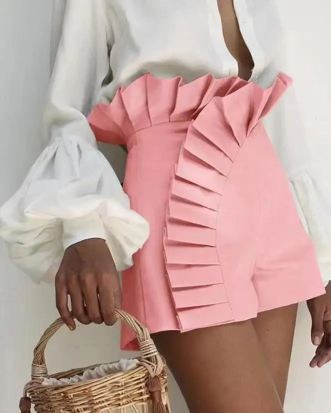 Short taille haute en dentelle plissée