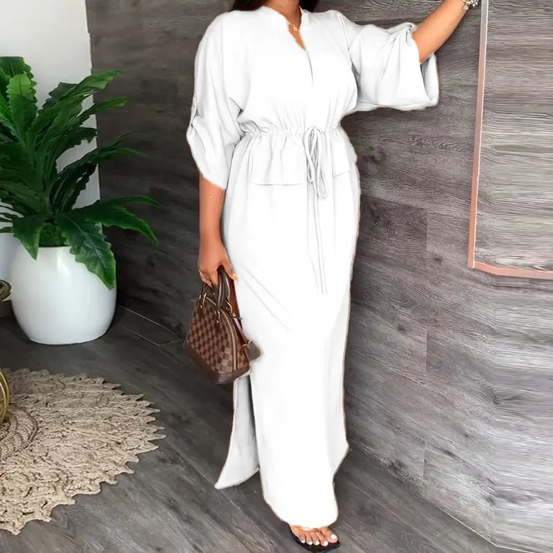 Robe Fendue À Col En V Taille Avec Cordon De Serrage - Chic&Shines