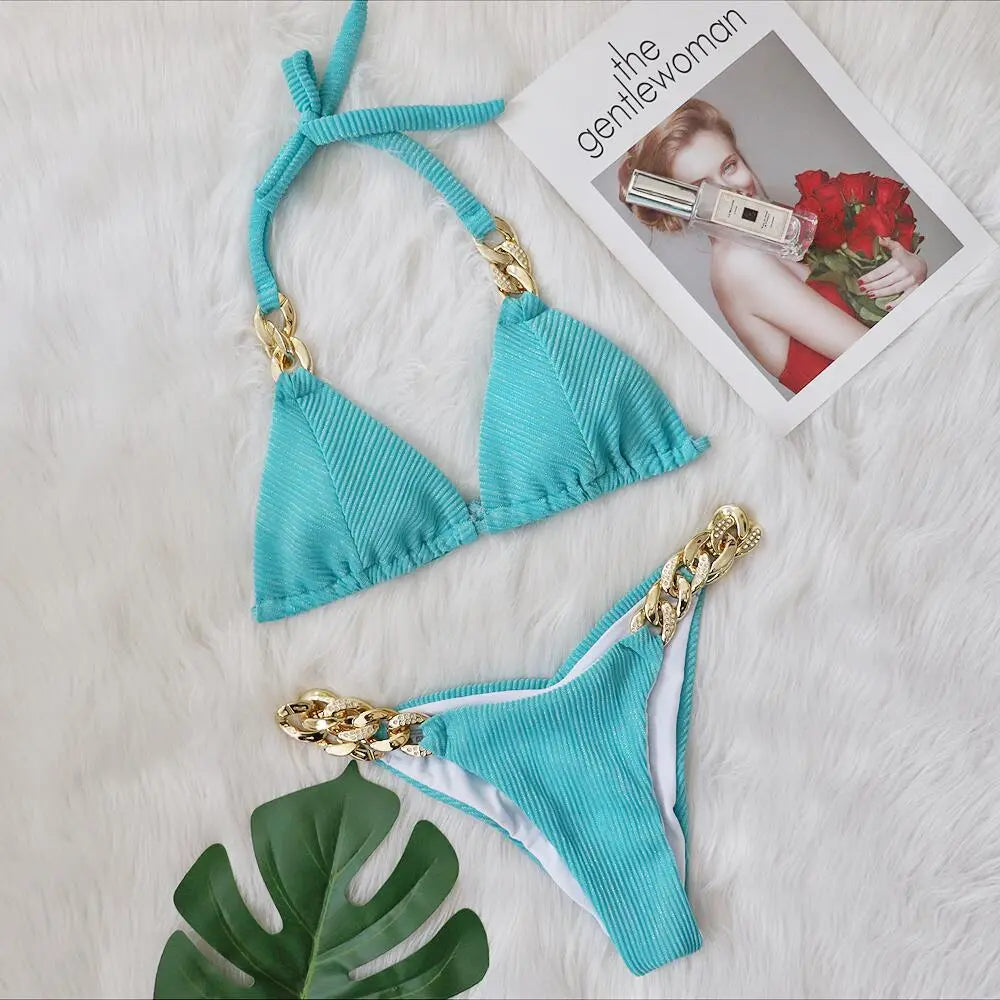 Maillot De Bain Bikini Couture En Chaîne En Strass - Chic&Shines