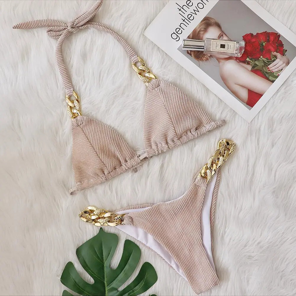 Maillot De Bain Bikini Couture En Chaîne En Strass - Chic&Shines