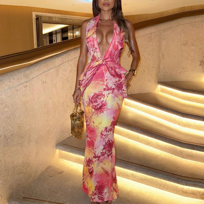 Robe longue décolleté licou dos nu à imprimé - Chic&Shines