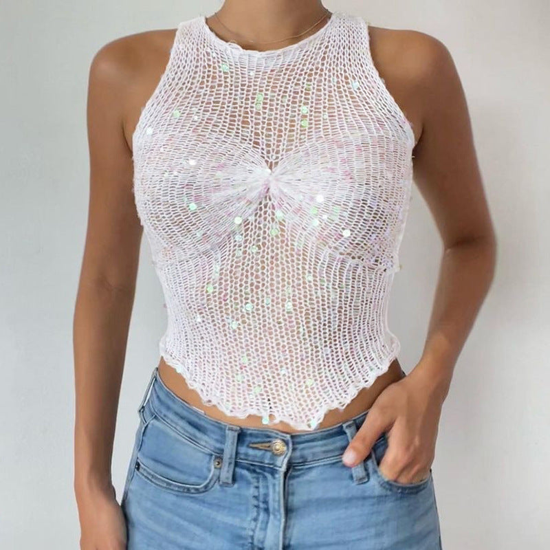 Haut court sans manches en maille transparent