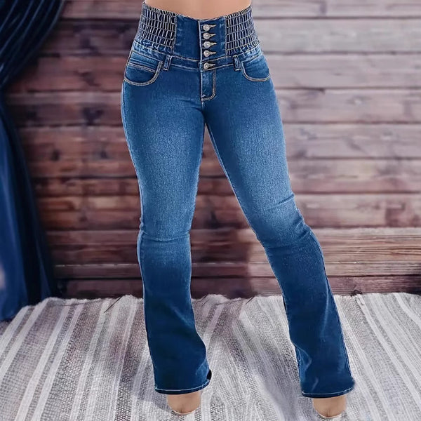 Jean taille haute à boutons extensible