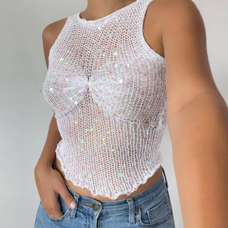 Haut court sans manches en maille transparent