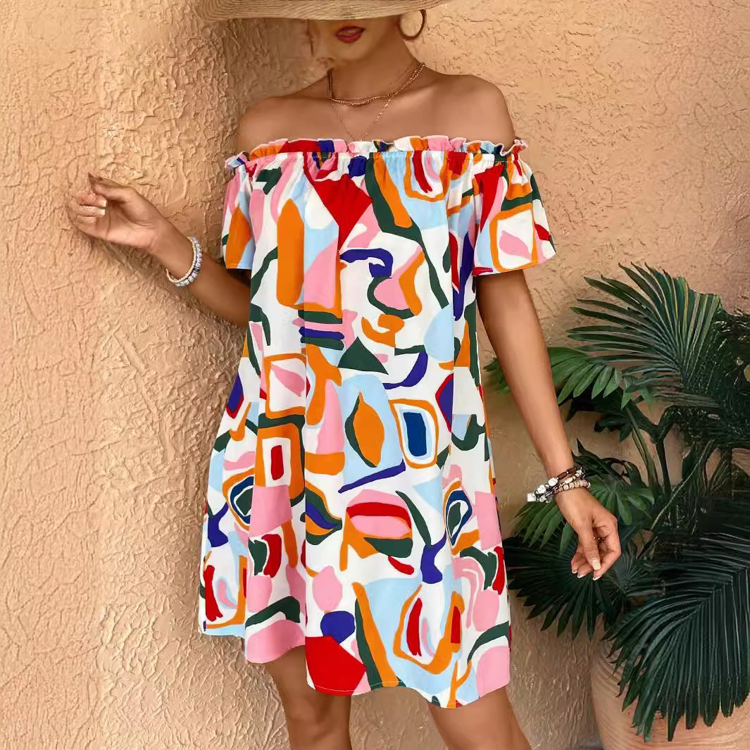 Robe courte bustier imprimé tropical