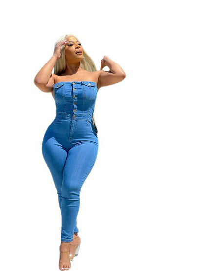 Combinaison en jean slim à épaules dénudées et haut tube - Chic&Shines